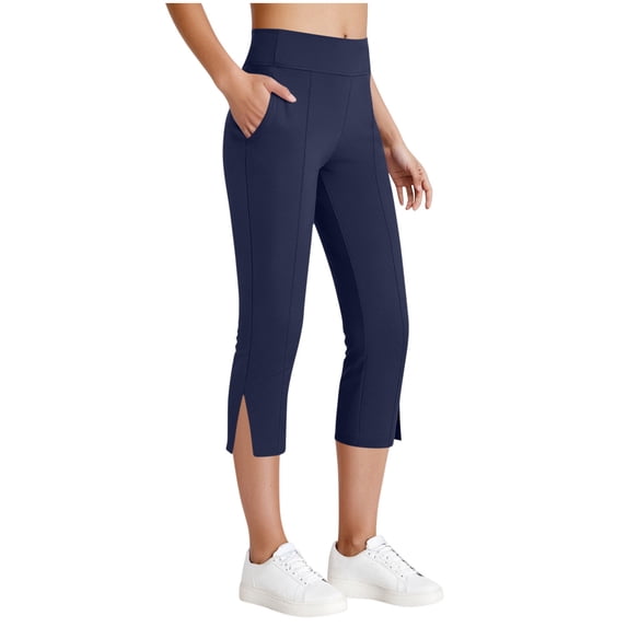Stretchy Pull-on Capri Pants for Women High Waisted with Pockets, Summer Cropped Pants with Slit Hem, Navy S-XXL,Size XL