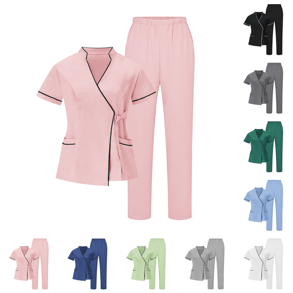 Stretchy Scrubs for Women Uniforms Set of Top & Pants Pink M
