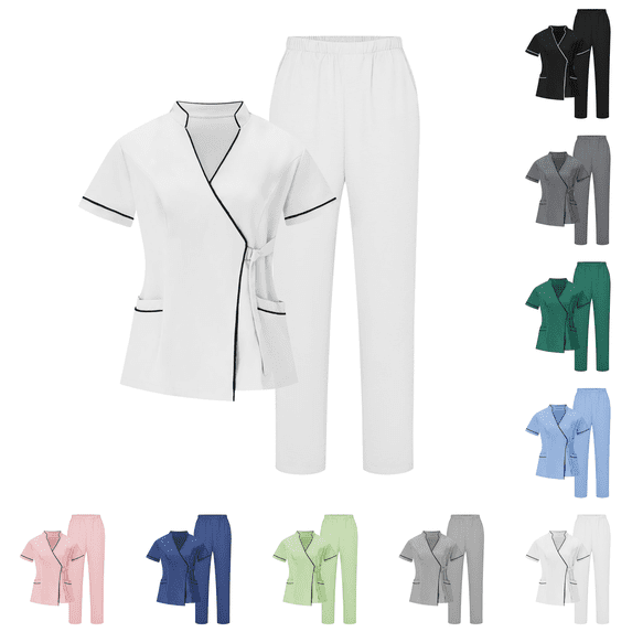 Stretchy Scrubs for Women Uniforms Set of Top & Pants White L