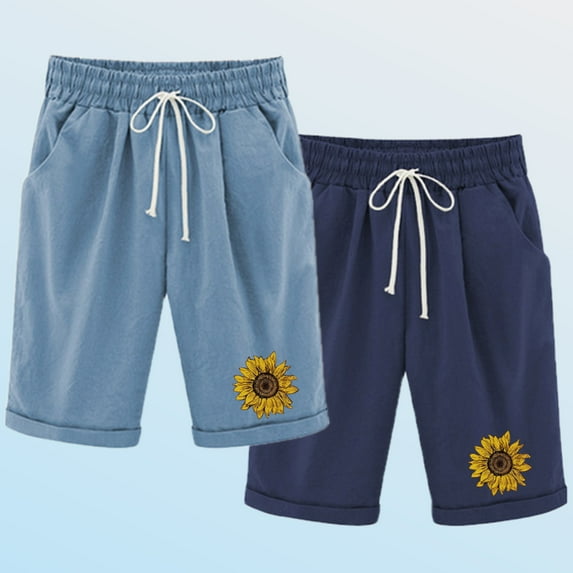 Stretchy Shorts for Lady 2 Pack Loose Fitting Cotton Linen Shorts with Pockets, Beach Vacation Bermuda Shorts, Womens Drawstring High Waisted Knee Length Pants Blue M