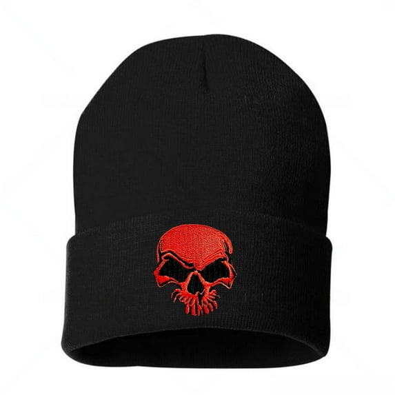 Stretchy Soft Unisex Adult Knited Beanie Hat With Multi-color Embroidered Design Skull, Black With Red Skull