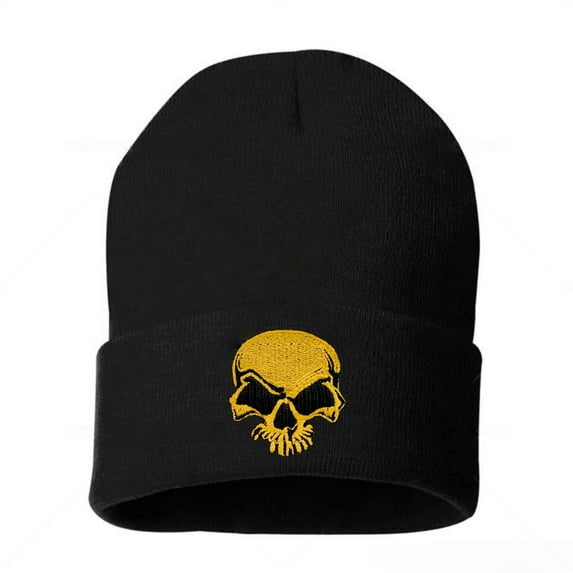 Stretchy Soft Unisex Adult Knited Beanie Hat With Multi-color Embroidered Design Skull, Black With Yellow Skull