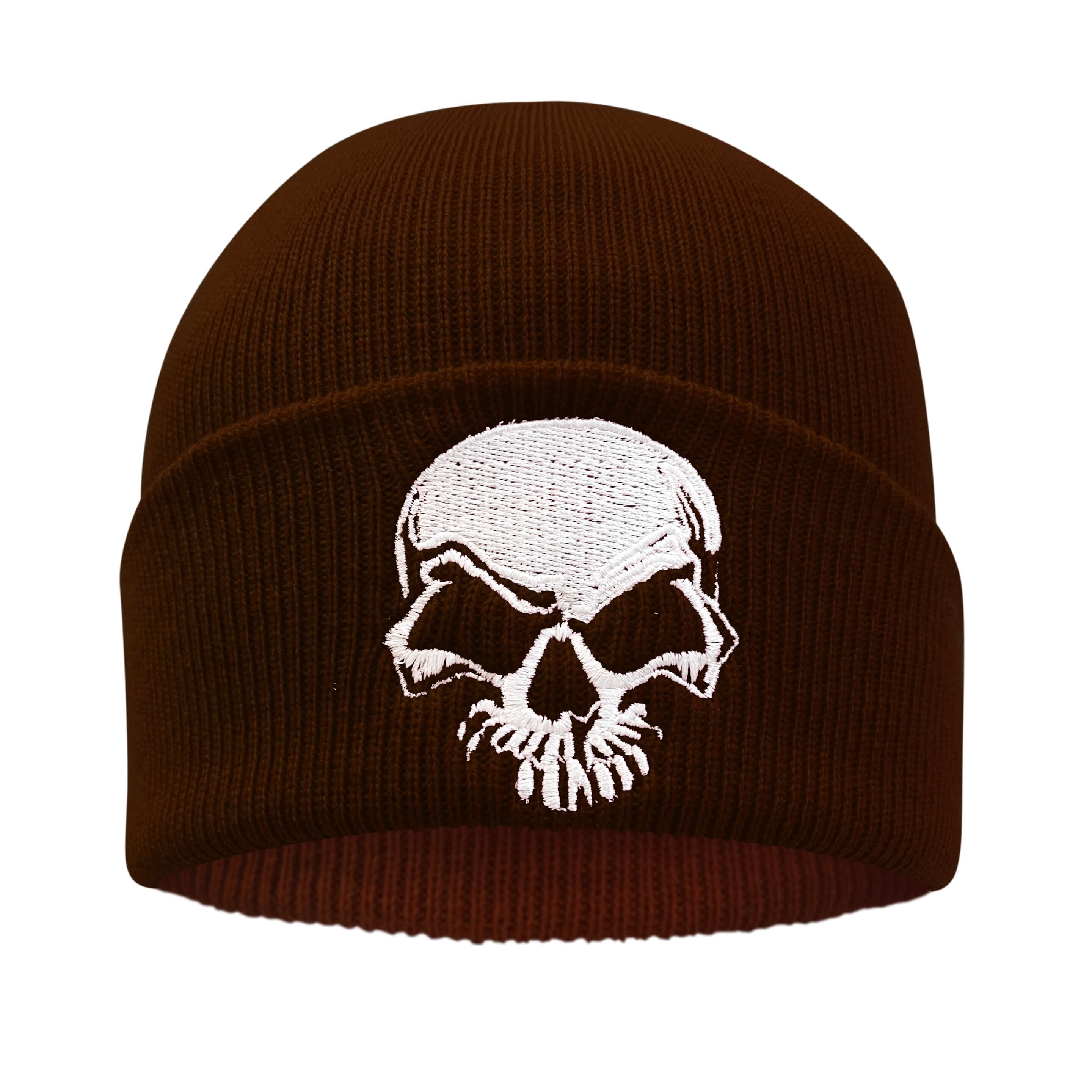 Stretchy Soft Unisex Adult Knited Beanie Hat With Multi-color Embroidered Design Skull, Brown With White Skull Stretchy Soft Unisex Adult Knited Beanie Hat With Multi-color Embroidered Design Skull, Brown With White Skull