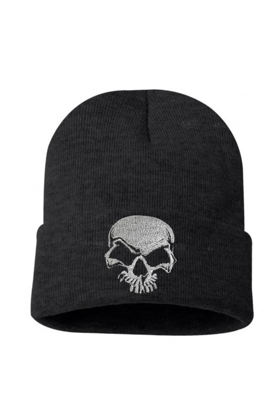 Stretchy Soft Unisex Adult Knited Beanie Hat With Multi-color Embroidered Design Skull, Charcoal With White Skull