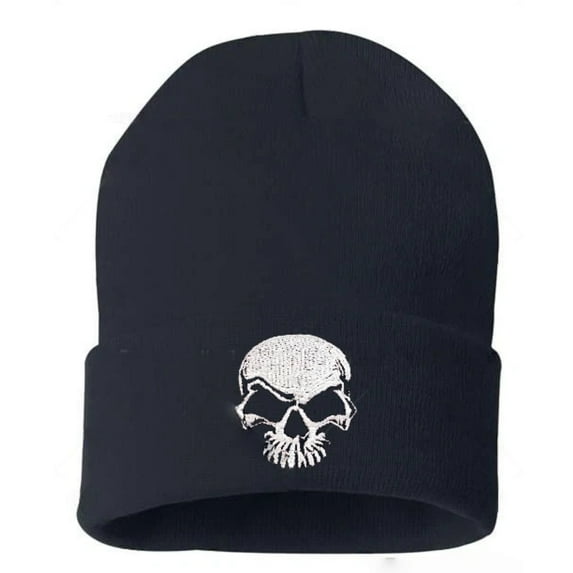 Stretchy Soft Unisex Adult Knited Beanie Hat With Multi-color Embroidered Design Skull, Navy With White Skull