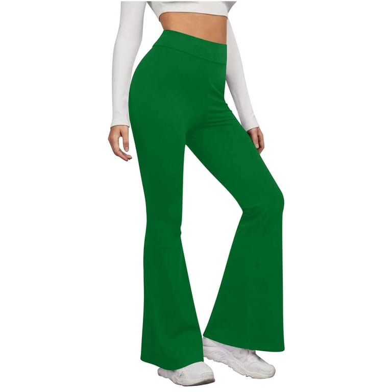 Stretchy Spandex Flared Leggings for Women High Waist Casual Workout Sports  Yoga Pants Solid Color Bell Bottom (Small, Green)