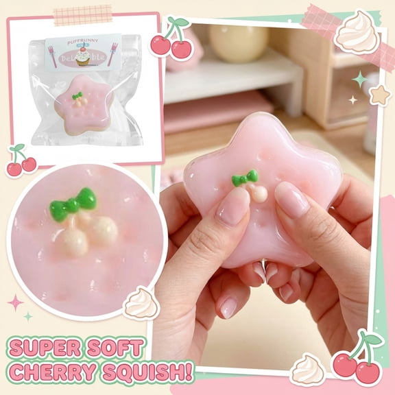 Stretchy Squeeze Toy, Squeeze Stress Toy, Relaxation Toy, 2X2 In, Star Shape, Pink Bow Decorations, Cherry Decorations, Green Decorations, 1 Pc