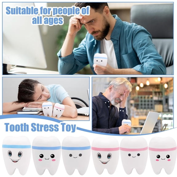 Stretchy Squeeze Toys, Slow Rise Squeeze, 4 In, White Blue, Smiling Tooth, Squeeze Toys for Relaxation, 1 Pc