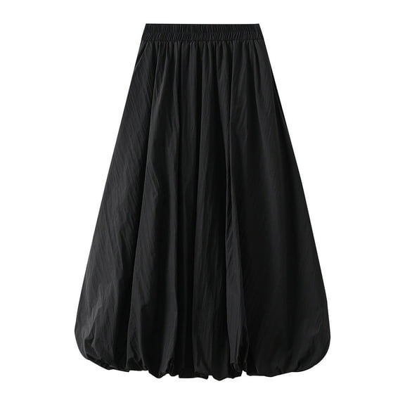 Stretchy Waist Bohemian Cotton Casual Half Skirt Ndbuld Holiday Gift Finder New High-waist Flower Skirt Lantern Skirt Skirt Mid-length A-line Skirt Mid-calf Skirt,Black