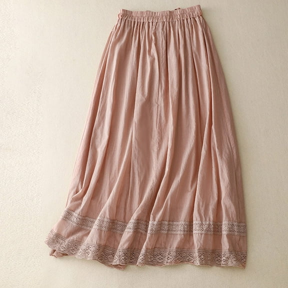 Stretchy Waist Bohemian Cotton Casual Half Skirt Ndbuld Holiday Gift Finder Women's Summer Loose Elastic Waist Full Length Embroidery Skirt Double Layer Flowing And Linen Gauze Skirt,Pink,XL