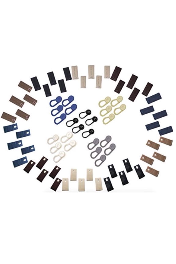 Stretchy Waistline Extension Multicolor Adjustable Family Pack: 25 Hook, 25 Button Extenders, 25 Elastic Button Extenders - Increase Size of Pants, Skirts, Shorts for Weight Gain, Pregnancy, Maternity