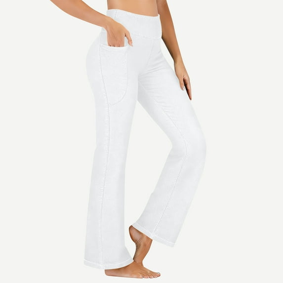 Stretchy Wide Leg Jeans for Women Elastic High Waist Leggings with Pockets Casual Flare Denim Yoga Pants White L