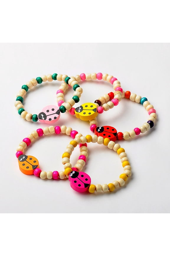 Stretchy Wood Bracelets with Random Color Ladybug Beads Mixed Color 45mm