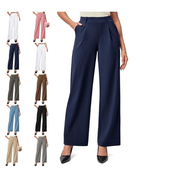 Stretchy Work Pants Slacks for Women Wide Leg Dress Pants Pull On Business Casual Pants Trousers with Pockets 2025 Dark Blue M