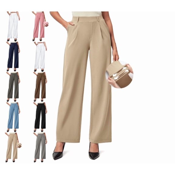 Stretchy Work Pants Slacks for Women Wide Leg Dress Pants Pull On Business Casual Pants Trousers with Pockets 2025 Khaki XXL