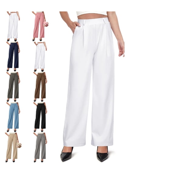 Stretchy Work Pants Slacks for Women Wide Leg Dress Pants Pull On Business Casual Pants Trousers with Pockets White XL