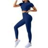 Stretchy Workout Outfits for Women,Short Sleeve Cropped Tops with High-Waisted Yoga Pants, Slim-Fit Seamless Tummy Control Tights Butt Lifting Matching Sets Athletic Gym Clothes