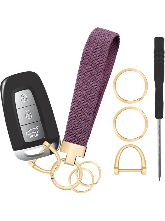 Stretchy Wristlet Keychain,Car Key Chain,6.6" Elastic Woven Nylon Braided Wrist Lanyard with 3 Keyrings and Anti Lost D Ring, Cute Soft Skin Friendly Bracelet Holder for Women Menpurple