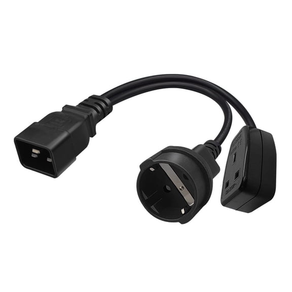 Strhowill 0.32M/1FT IEC320 C20 TO German/British standard socket Y Splitter Power Plug，C20 plug to European standard 2 round hole 4.8mm，C20 plug to British standard 3 holes Power cord