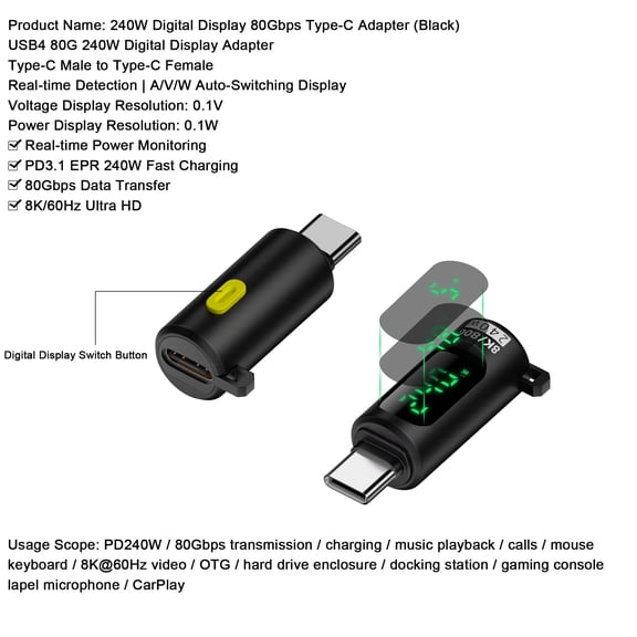 Strhowill 1 Pack Type-C Male to Female Adapter with Digital Display Switch  240W PD,8K@60Hz Video,80Gbps Data,USB-C Extension for Laptop,Tablet, SmartphoneBlack