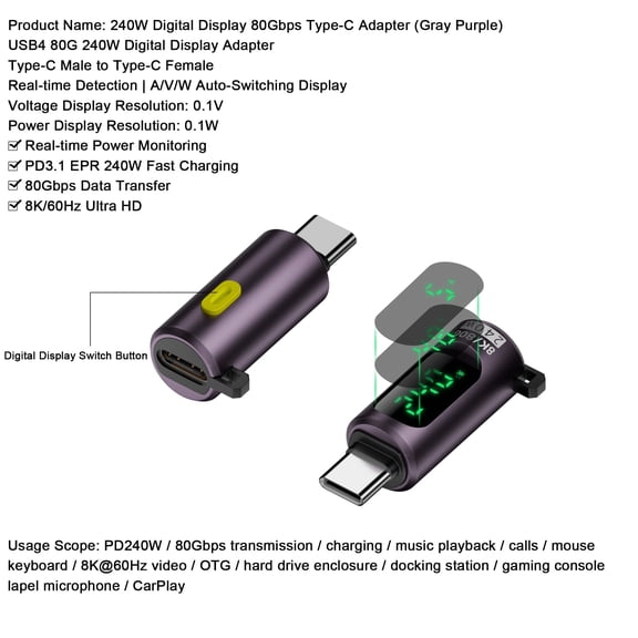 Strhowill 1 Pack Type-C Male to Female Adapter with Digital Display Switch 240W PD,8K@60Hz Video,80Gbps Data,USB-C Extension for Laptop,Tablet, SmartphoneGrayish Purple