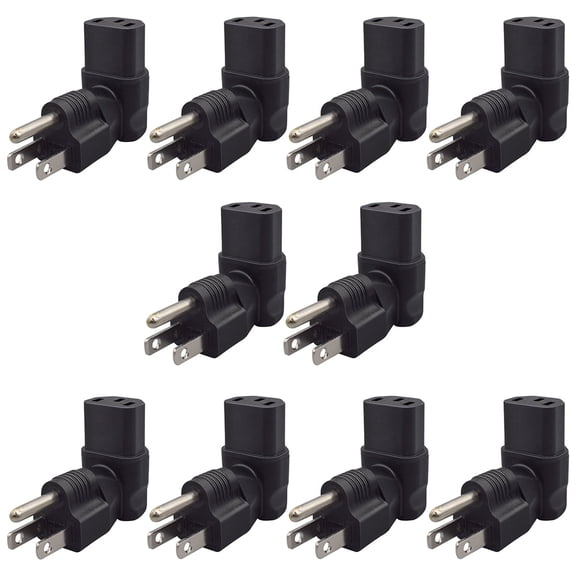 Strhowill 10 Pcs NEMA 5-15P to C13 90° Right-Angle Adapter Plug,US 3-Prong Plug to IEC C13 Connector for Server Cabinets, Workshops & Home Offices