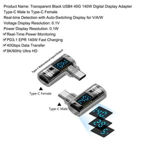 Strhowill 2 Pack 90 Degree USB-C Male to Female Adapter with Digital Display,140W Right Angle Connector for Laptop,Tablet,SmartphoneTransparent Black
