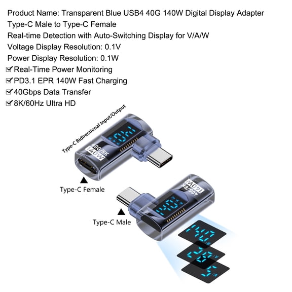 Strhowill 2 Pack 90 Degree USB-C Male to Female Adapter with Digital Display,140W Right Angle Connector for Laptop,Tablet,SmartphoneTransparent Blue