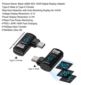 Strhowill 2 Pack 90 Degree USB-C Male to Female Adapter with Digital Display,140W Right Angle Connector for Laptop,Tablet,SmartphoneBlack