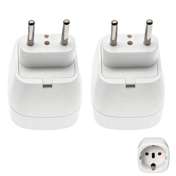 Strhowill 2 Pack EU-9C Euro 4.0mm Two Round Pin Male to EU Schuko Female Socket Travel Adapter, White Portable EU Schuko Conversion Plug for Home, Office and Worldwide Travel
