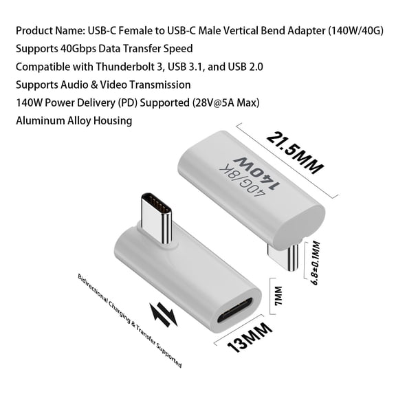 Strhowill 2 Pack USB C Male to Female Adapter,40Gbps Thunderbolt 3/4,140W PD,8K@60Hz,Compatible with Laptop,Smartphone,TabletVertical Bend