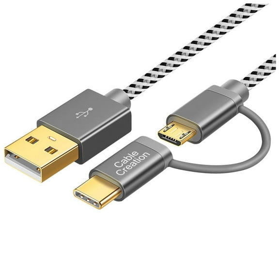 Strhowill 2 in 1 USB C Cable 0.82ft, Braided Micro USB + USB C to USB A Fast Charge Cord Compatible with Android & USB-C Devices,0.25m/Space Grey