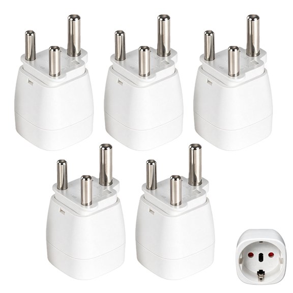 Strhowill 5 Pack EU-010L South Africa Type M Large 3 Round Pin Male to EU Schuko Female Socket Travel Adapter, White Portable European Schuko Conversion Plug for Home, Office and Worldwide Travel