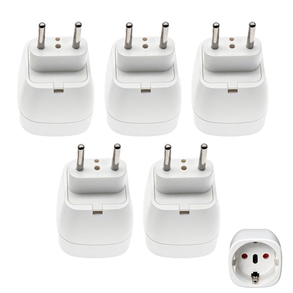 Strhowill 5 Pack EU-9C Euro 4.0mm Two Round Pin Male to EU Schuko Female Socket Travel Adapter, White Portable EU Schuko Conversion Plug for Home, Office and Worldwide Travel