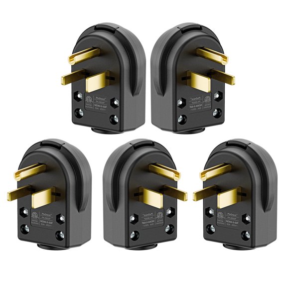 Strhowill 5 pcs NEMA 6-50P Straight Blade Male Plug, 50A 250V 2P3W Grounding Electrical Connector, Heavy Duty Hardwiring Replacement Plug, Black