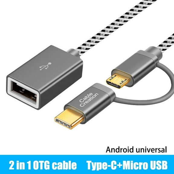 Strhowill USB C to A 2.0 Cable Micro USB OTG Adapter - 2 in 1 Female Male Converter Braided Cord,for Printer Midi Pixel 3XL Tablet Disk Hard Drive Type C Android Phone,L=0.59ft, Space Grey.