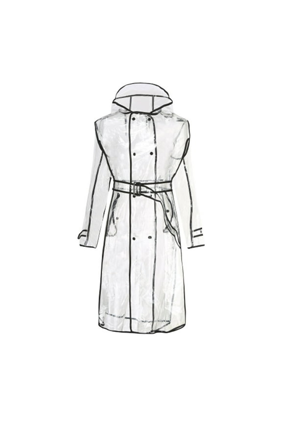 Stri Fashion Transparent Raincoat Girls Hooded Rain Coat Mid-long Lightweight Rainwear Black Slicker with Belt- Size XL