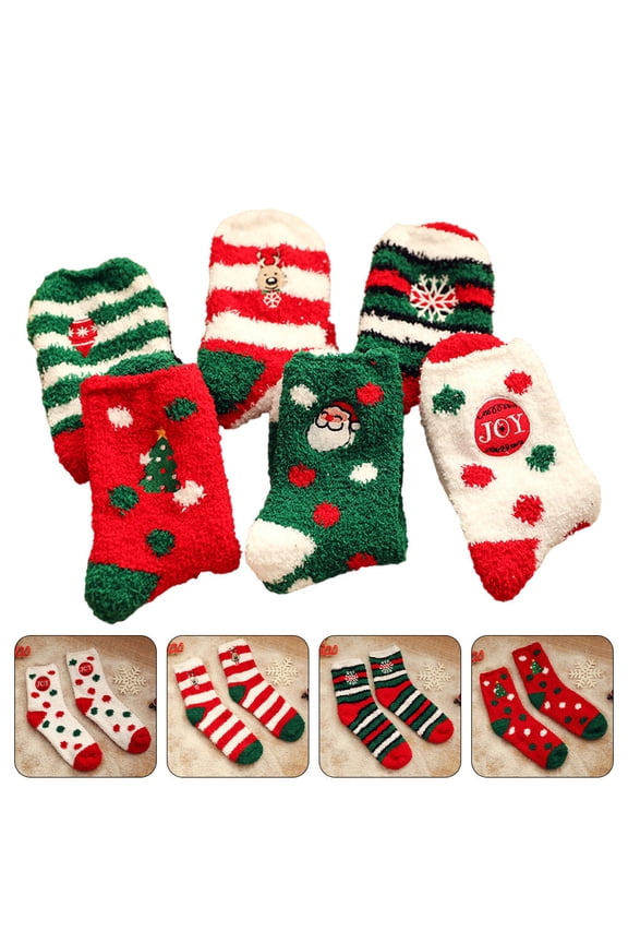 Stri Pack of 6 pairs of coral fleece winter socks with delicate Christmas themed patterns