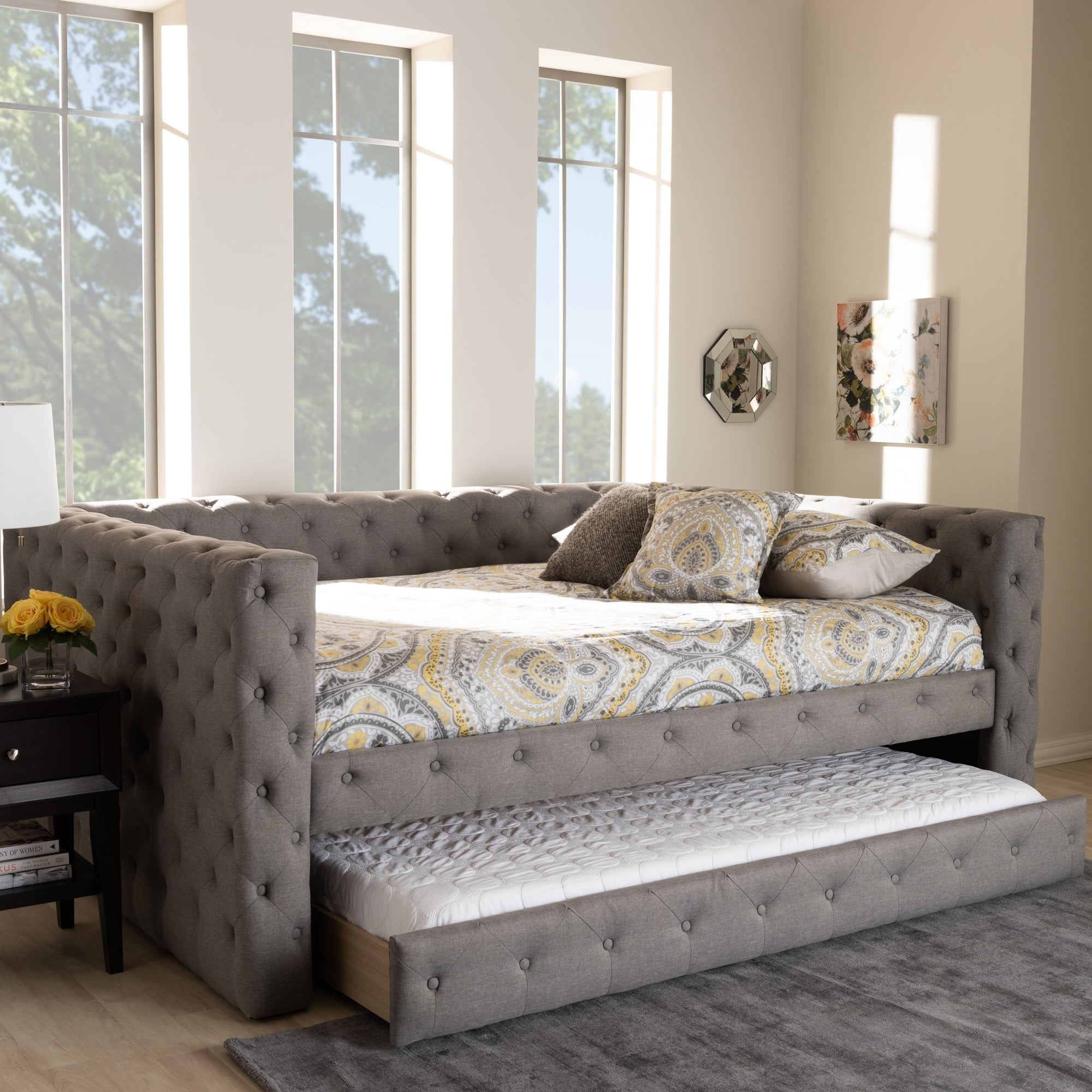 Strick & Bolton Emmet Queen Size Grey Upholstered Daybed with Trundle ...