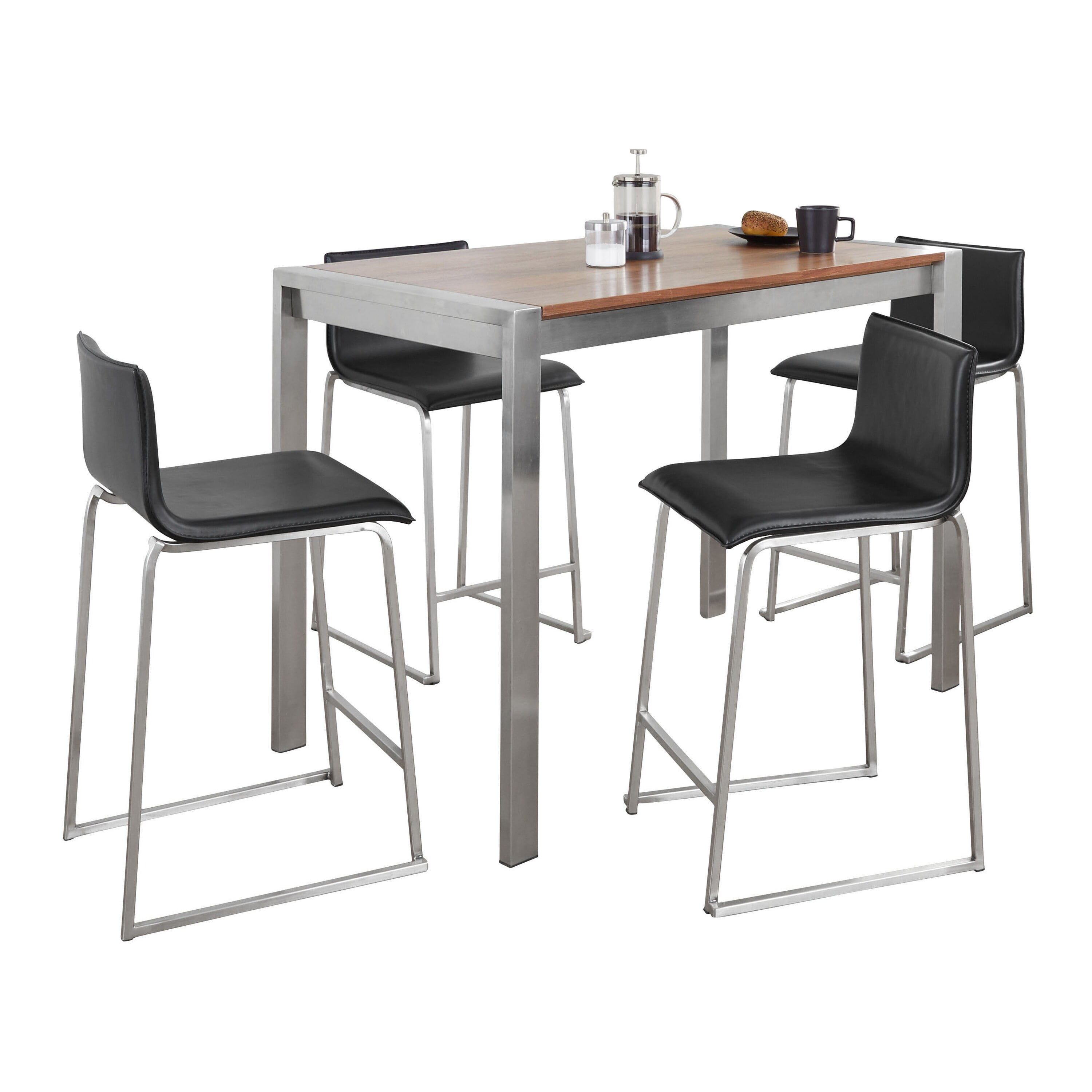 Walnut and Black Faux Leather 5-Piece Pub Dining Set