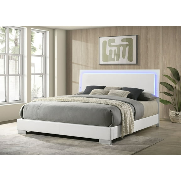 Strick & Bolton White High Gloss Panel Eastern King Bed with LED Lights