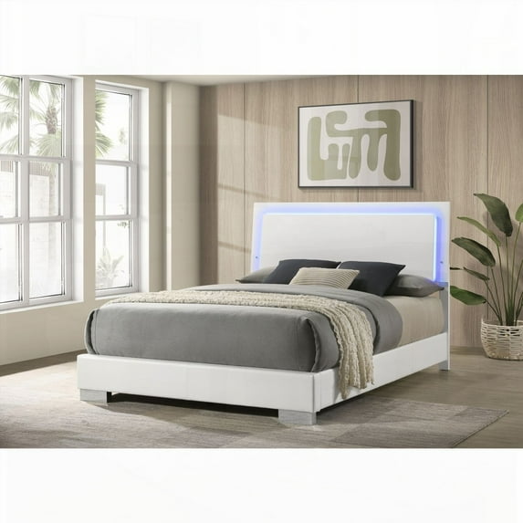 Queen Size White High Gloss Wood Platform Bed with LED Lighting for Bedroom