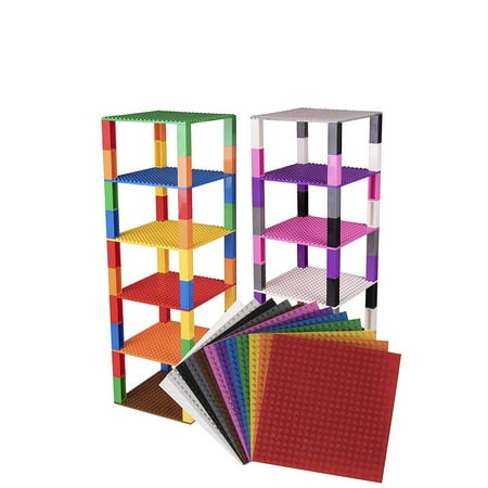 Strictly Briks Brik Tower Brick Construction Building Set - 12 Baseplates (6" x 6", 20 x 20 pegs) & 80 Stackers - 12 Rainbow Colors