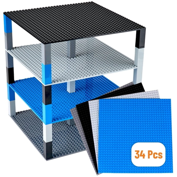 Strictly Briks Classic Baseplates 10" x 10" Brik Tower 100% Compatible with All Major Brands | Building Bricks for Towers and More | 4 Black, Blue, & Gray Stackable Base Plates & 30 Stackers