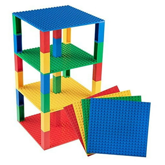 Strictly Briks Classic Baseplates 6" x 6" Brik Tower | Building Bricks for Towers and More | 4 Basic Colors Stackable Base Plates & 30 Stackers, Multi-color