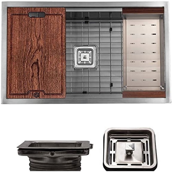 Strictly Kitchen and Bath Undermount 32 Inch Silver Workstation Kitchen Sink with Bottom Grid, Wooden Cutting Board, Colander & Single Square Disposal Adapter