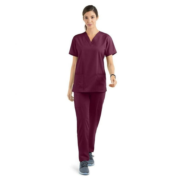 Strictly Scrubs Women’s Scrub Set – Includes V-Neck Top and Elastic Pant (Large Petite, Wine)