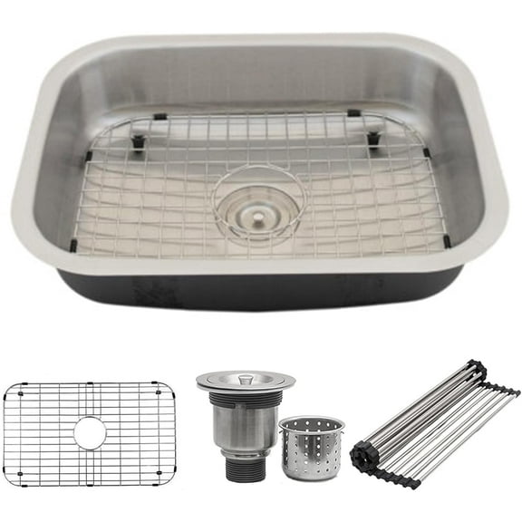 Strictly Sinks 23-7/16Inch ADA Compliant Undermount Kitchen Sink - Single Bowl Kitchen Sink with Accessories, 18 Gauge Stainless Steel Sink with Strainer Drain, Roll Up Dish Drying Rack & Bottom Grid