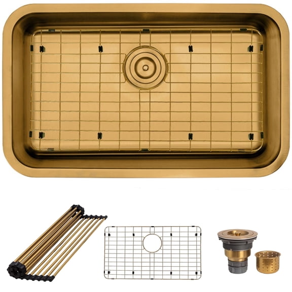 Strictly Sinks 29 Inch Undermount Kitchen Sink - 16 Gauge Single Bowl Kitchen Sink - Ideal Gold Kitchen Sink with Single Strainer Drain, Bottom Grid & Roll Up Dish Drying Rack
