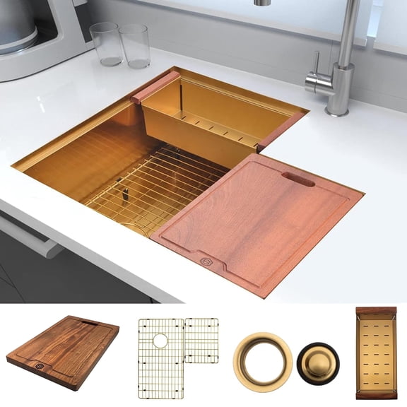 Strictly Sinks 30” Workstation Corner Kitchen Sink – Gold Single Bowl 16 Gauge Stainless Steel Corner Sink